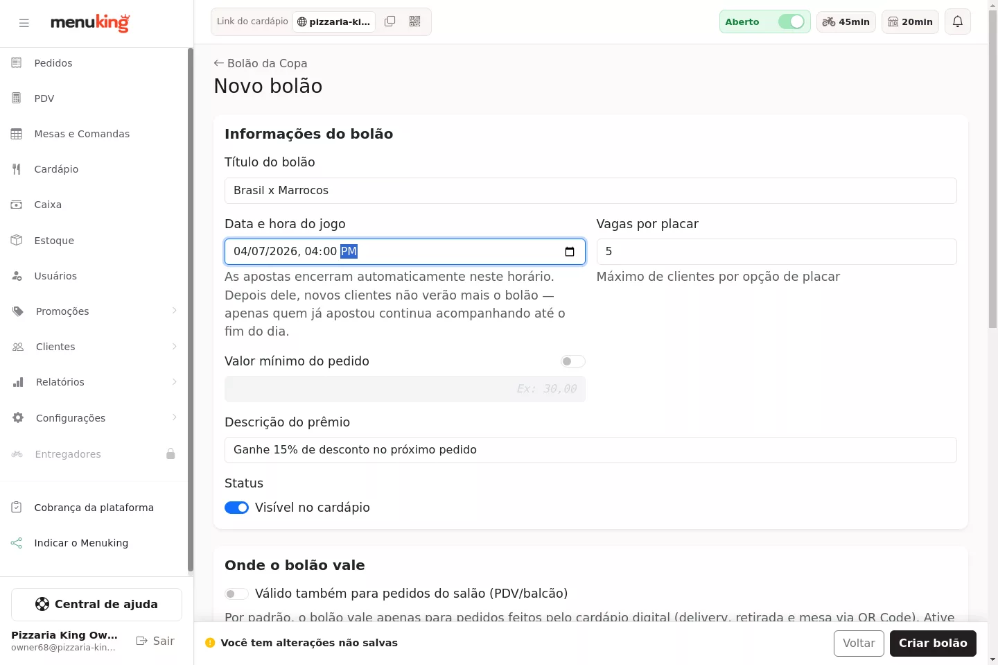 Formulário de criação do bolão