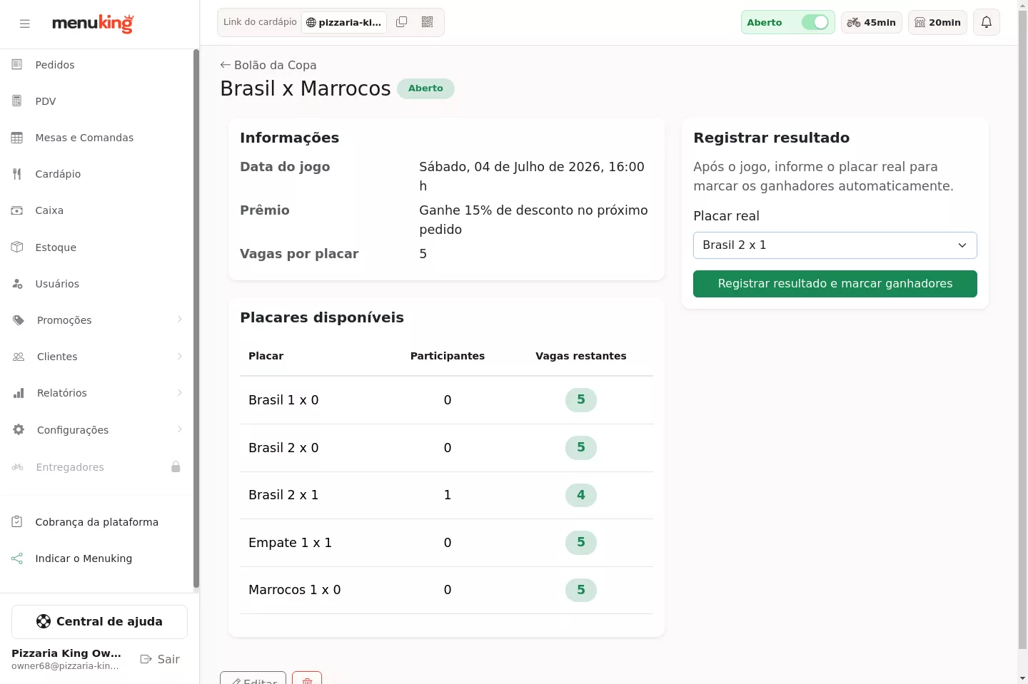 Registro do resultado no painel
