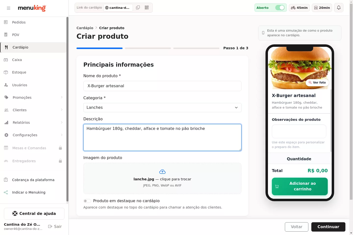 Cadastro de um produto no cardápio