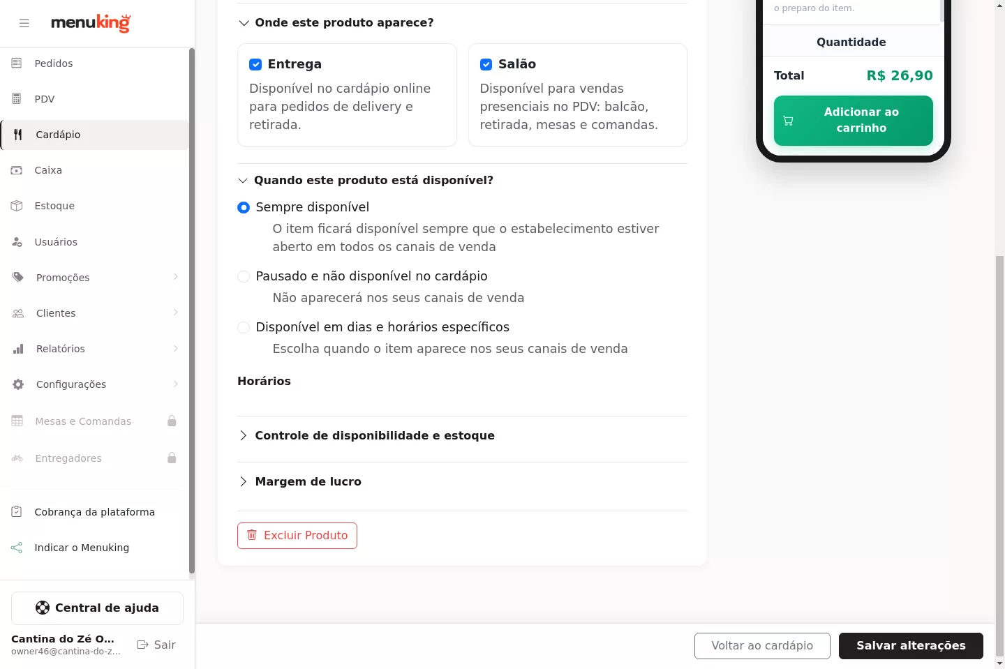 Disponibilidade e canais do produto