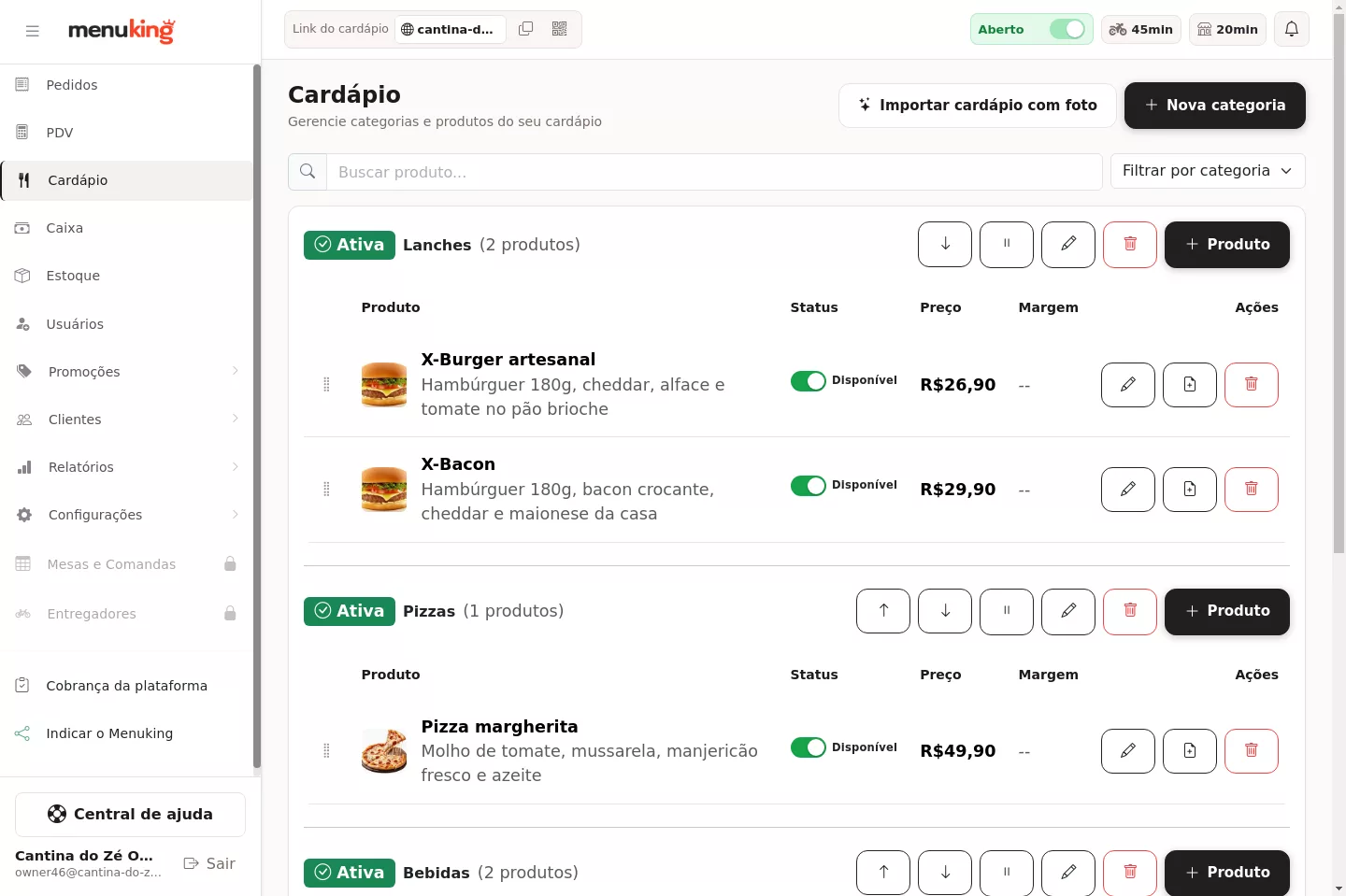 Tela de gerenciamento do cardápio
