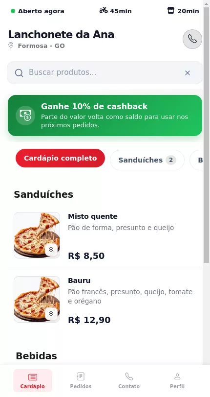 Destaque de cashback visto pelo cliente no cardápio, no celular