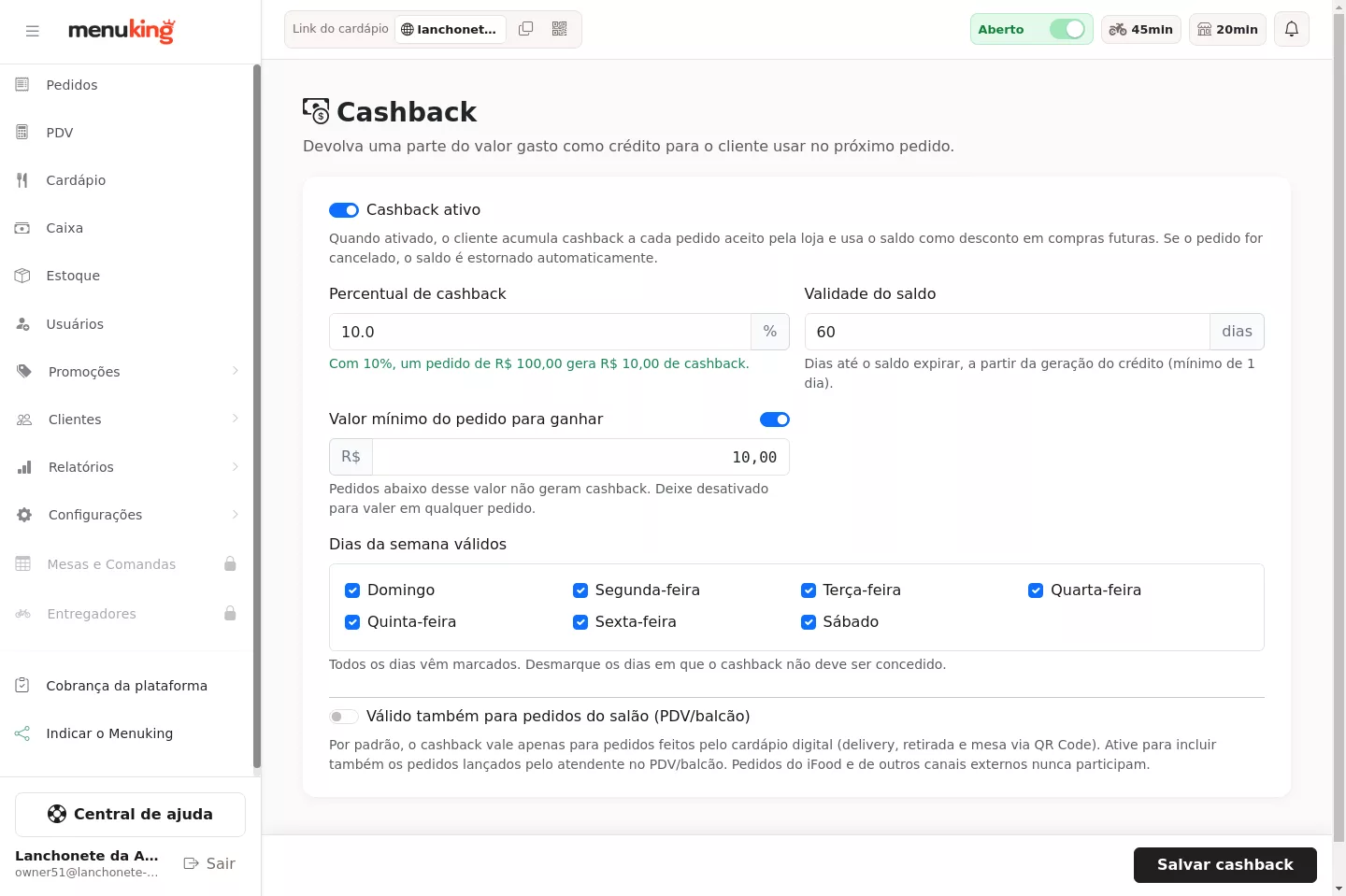 Tela de configuração do cashback