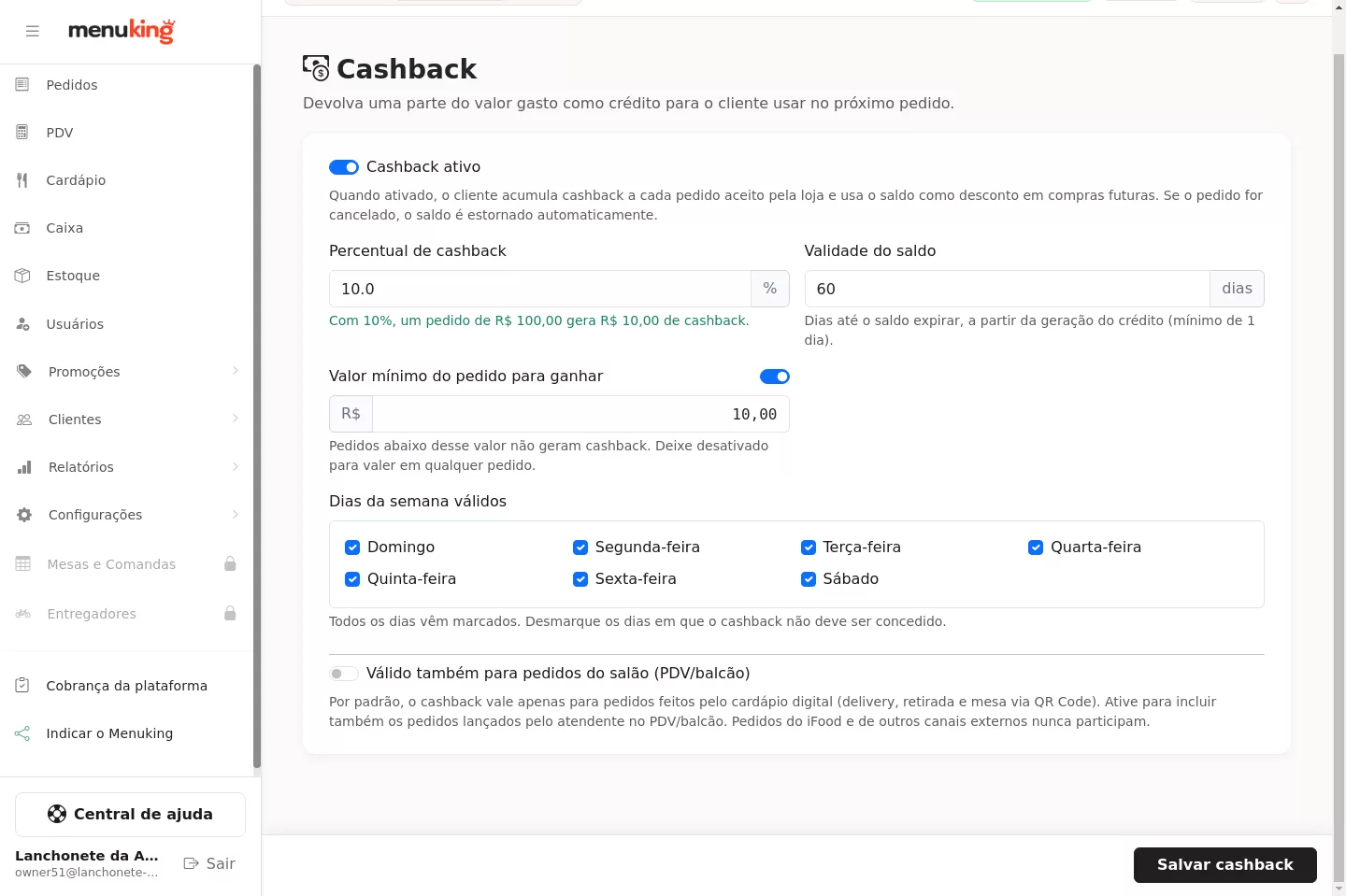 Regras opcionais do cashback: valor mínimo e dias da semana