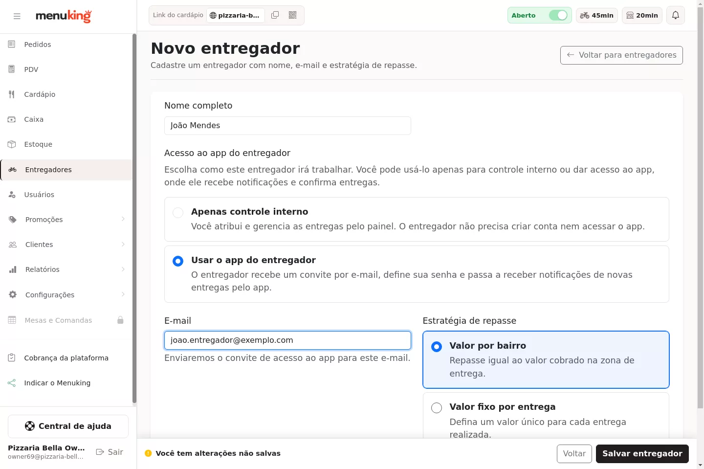 Cadastro de um novo entregador
