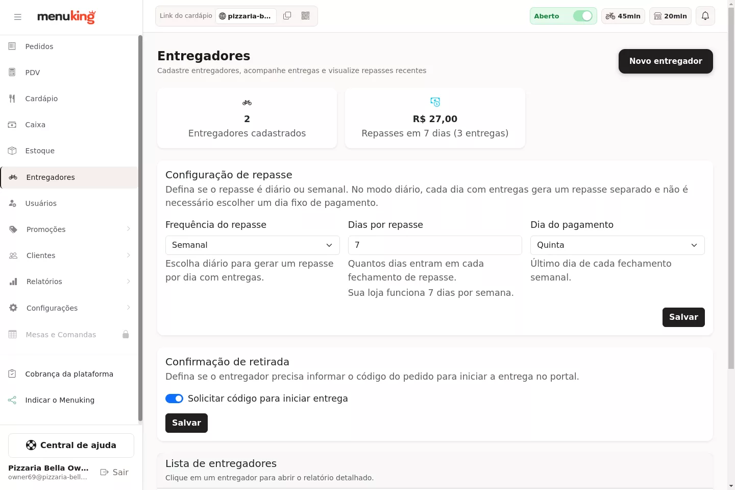 Lista de entregadores e configurações