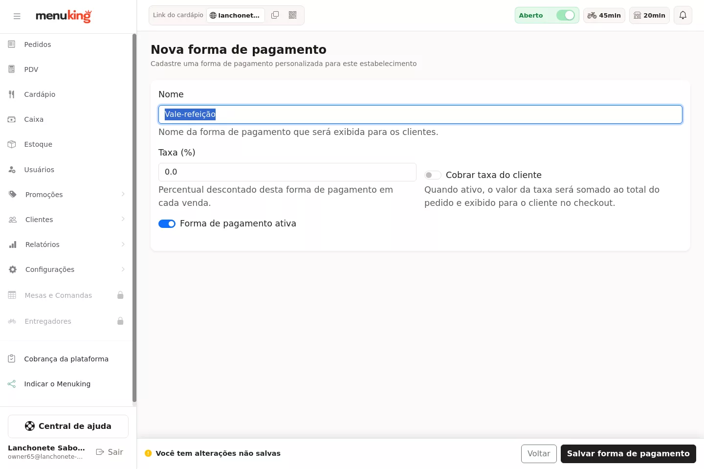 Formulário de nova forma de pagamento