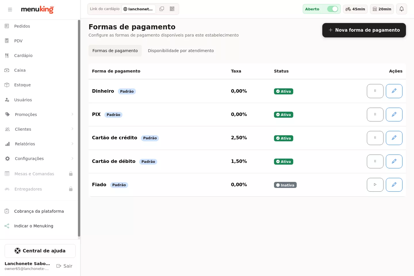 Lista de formas de pagamento
