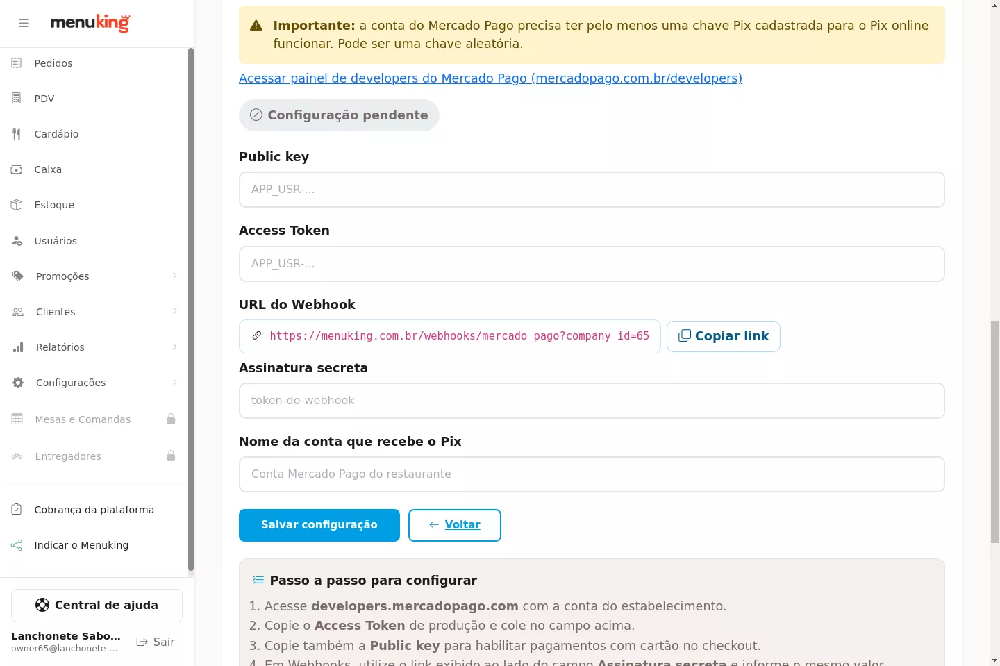 Integração de pagamento online com Mercado Pago