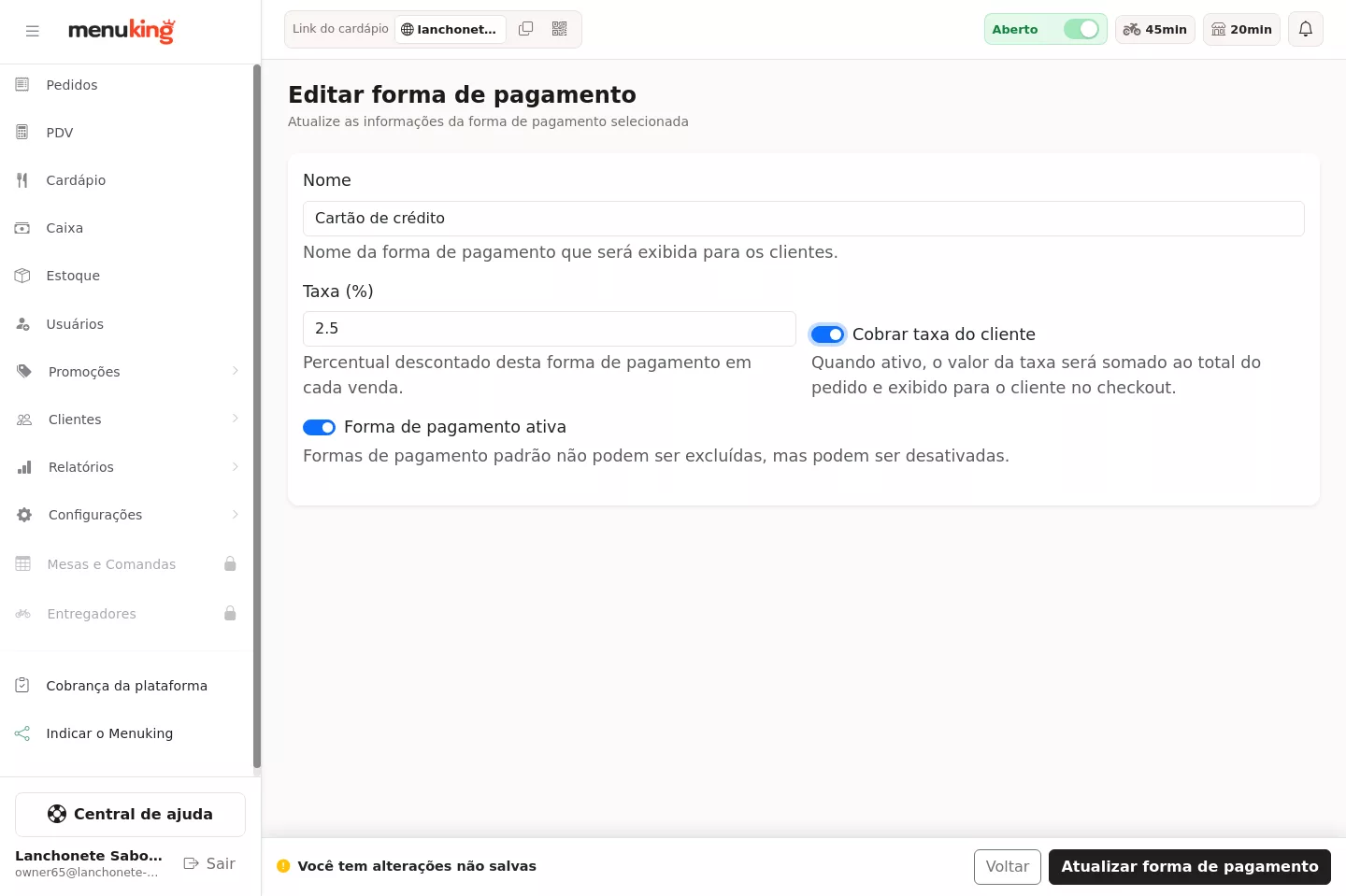 Configuração de taxa da forma de pagamento