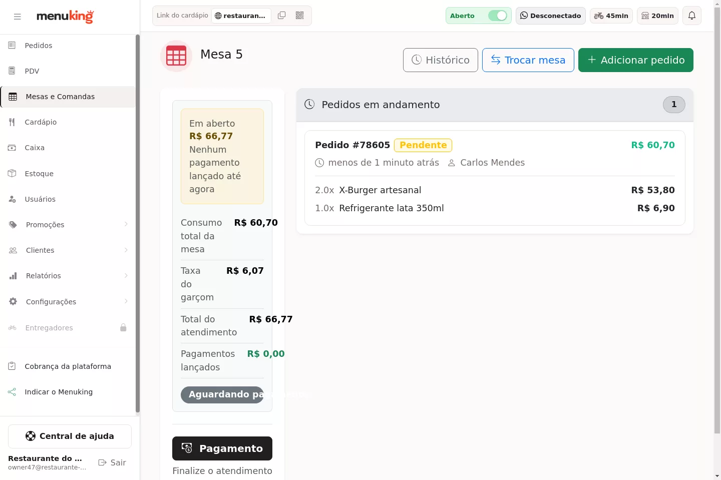 Detalhe da mesa com pedidos e consumo total