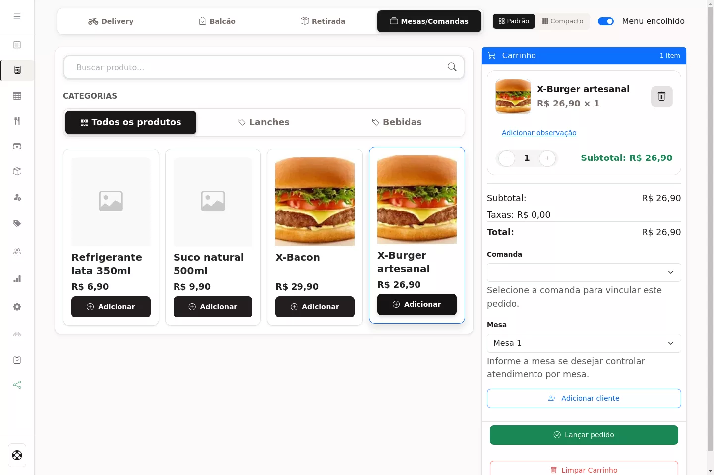 Lançamento de pedido vinculado à mesa no PDV