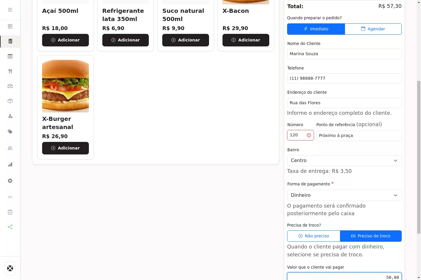 Pedido de delivery preenchido no PDV