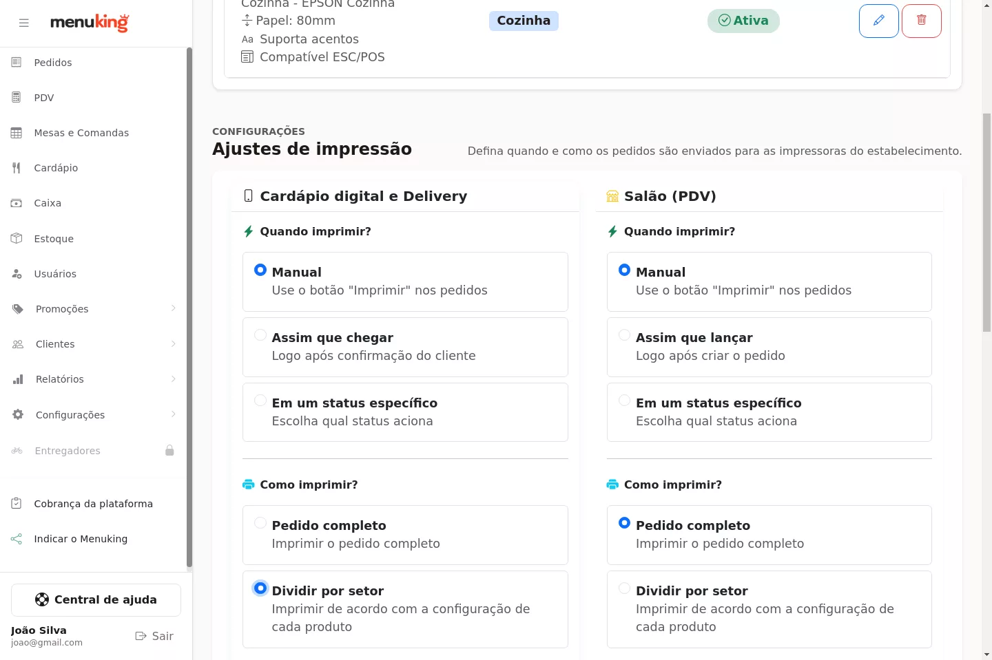 Onde ativar Dividir por setor