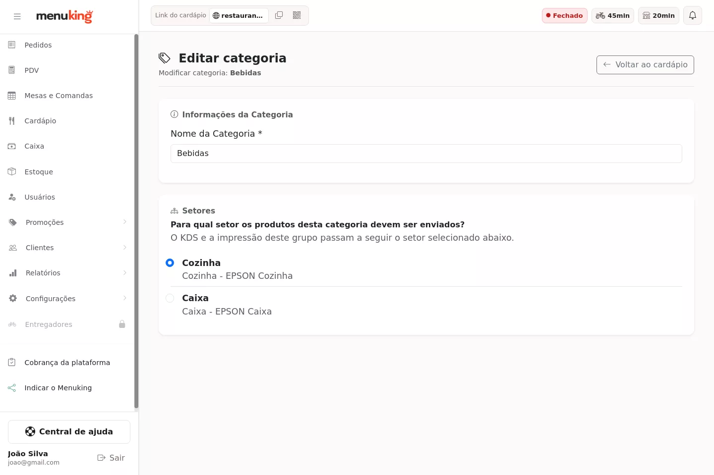 Configuração de impressora por categoria
