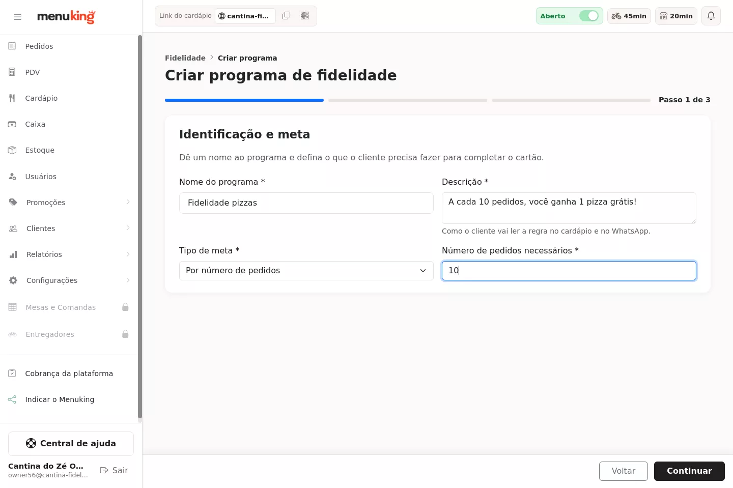 Configuração da meta do programa de fidelidade
