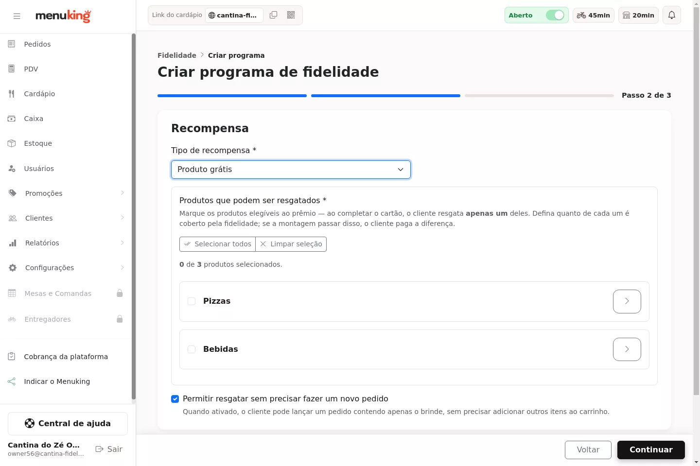 Configuração da recompensa do programa de fidelidade