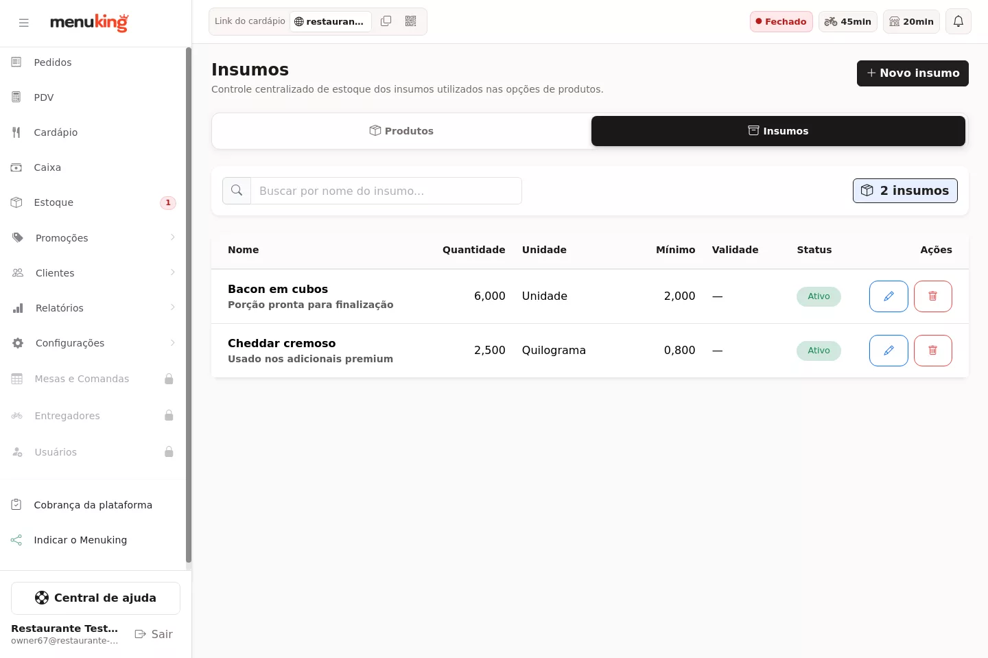 Lista de insumos cadastrados