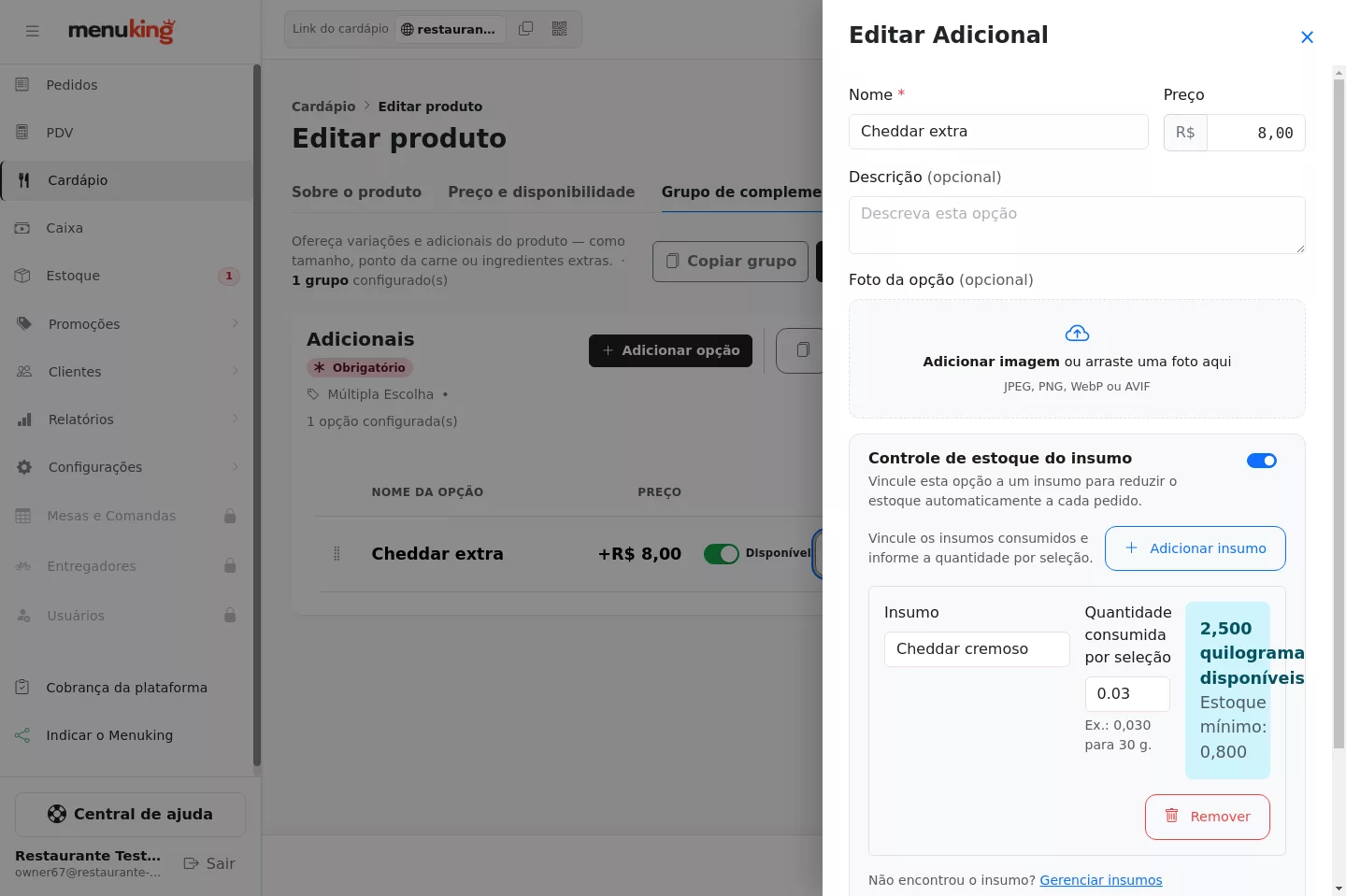 Ativação do controle de insumo na opção do produto