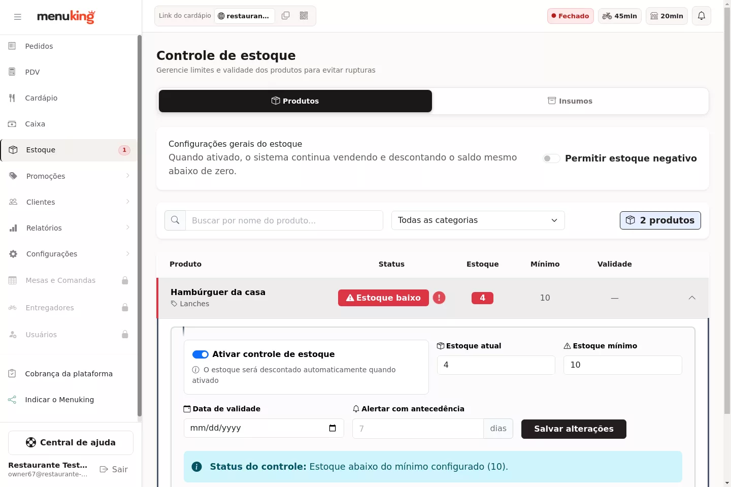 Tela de controle de estoque dos produtos