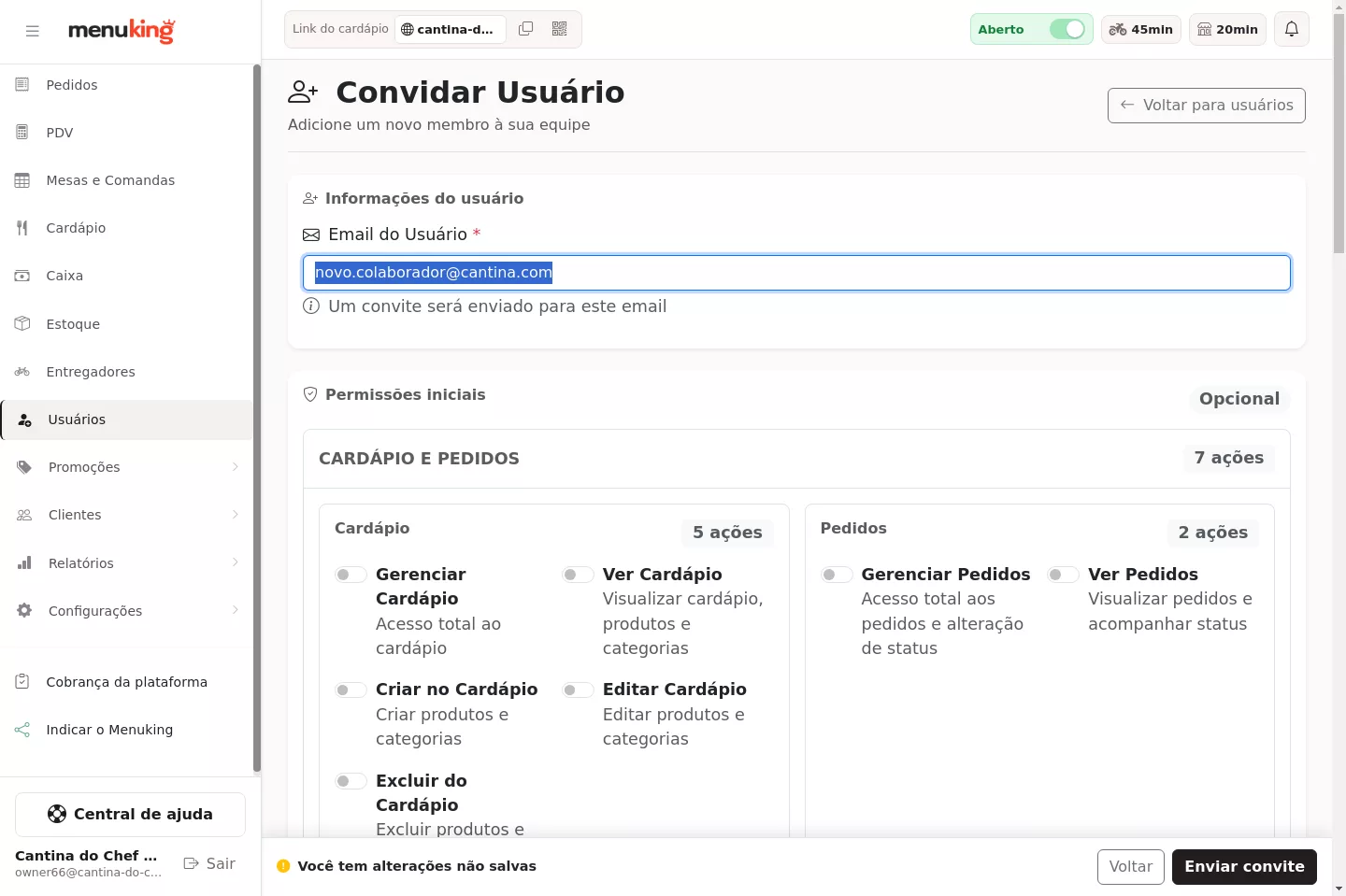 Formulário de convite de usuário