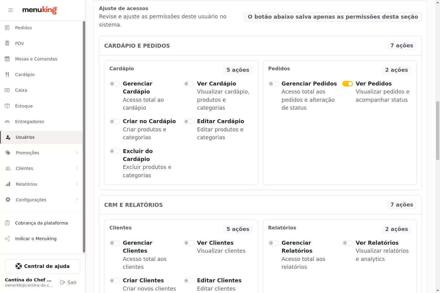 Configuração de permissões do usuário